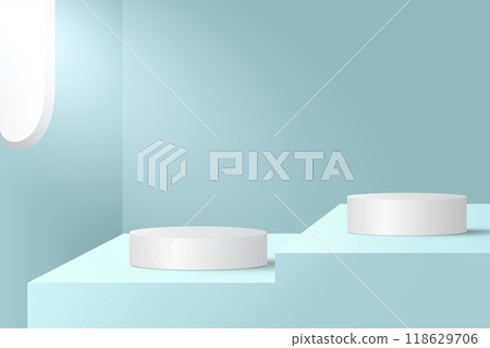 Abstract 3D blue podium background. Modern minimalist mockup for product display presentation. Realistic blue cylinder pedestal podium. 118629706
