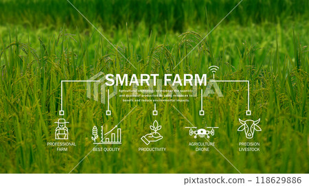 Smart farm technology meets agricultural expertise. Precision livestock management and agriculture drones enhance productivity. Modern farming practices. Innovation in sustainable agriculture. Smart farm technology meets agricultural expertise. Precision livestock management and agriculture drones enhance productivity. Modern farming practices. Innovation in sustainable agriculture. 118629886