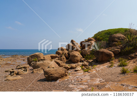 Rocky Mediterranean Coastline with Vegetation and Clear Sky 118630037
