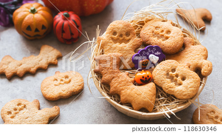 Homemade Halloween treats: pumpkin and ghost cookies Homemade Halloween treats: pumpkin and ghost cookies 118630346