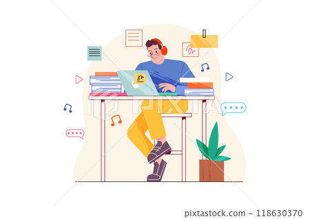 Man listening to the podcast while working Man listening to the podcast while working 118630370