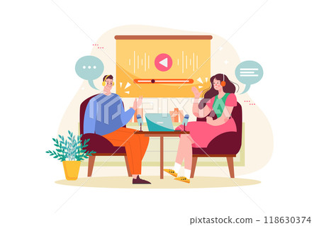 Man and woman recording a podcast conversation Man and woman recording a podcast conversation 118630374