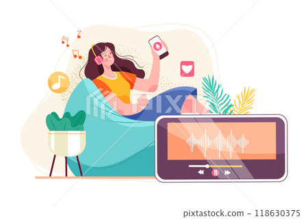 Woman listening to a podcast while sitting on beanbag 118630375