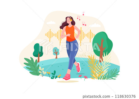 Woman listening to a podcast while jogging 118630376