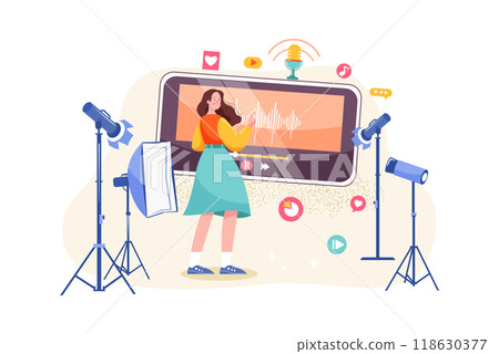 Woman editing podcast at the studio Woman editing podcast at the studio 118630377