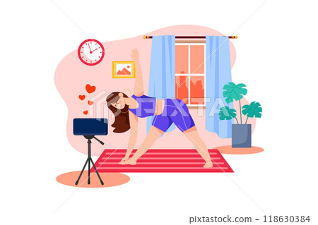 Woman shooting yoga video tutorial Woman shooting yoga video tutorial 118630384