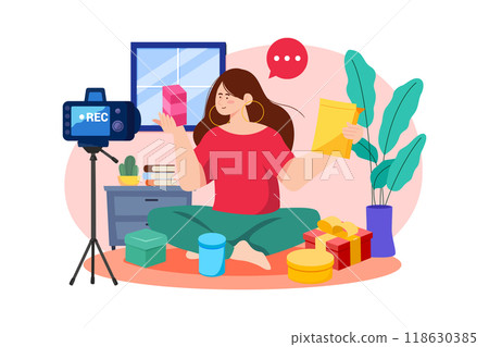 Woman doing a product unboxing video Woman doing a product unboxing video 118630385