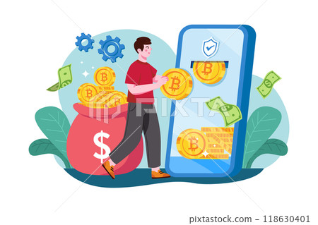 Man taking payout of cryptocurrency Man taking payout of cryptocurrency 118630401