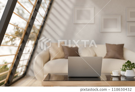 The interior design of a contemporary Scandinavian beige-brown living room with stylish home decor. 118630432