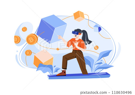 Metaverse and Blockchain Technology Concepts. A person with Experience in the Metaverse Virtual World via Smart Phone 118630496