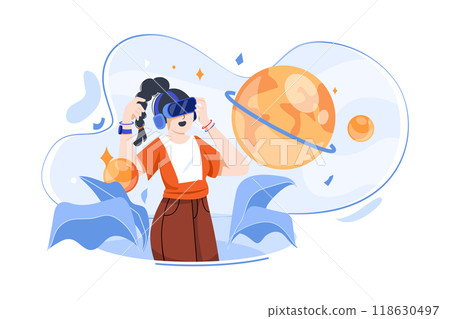 A woman with glasses and a headset VR connected to the virtual space 118630497