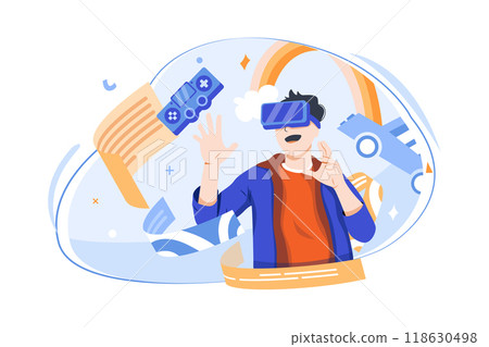 A man having fun playing metaverse VR virtual reality glasses A man having fun playing metaverse VR virtual reality glasses 118630498