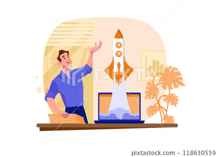 Businessman Launches Rocket From A Laptop Businessman Launches Rocket From A Laptop 118630559
