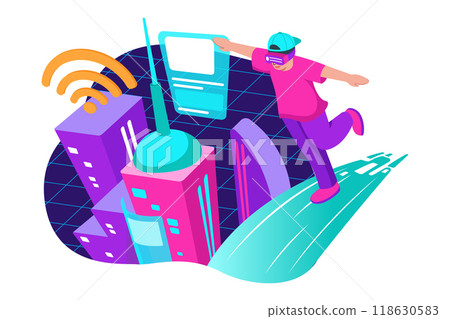 High angle view of a man walking on the digital bridge to a futuristic metaverse smart city High angle view of a man walking on the digital bridge to a futuristic metaverse smart city 118630583