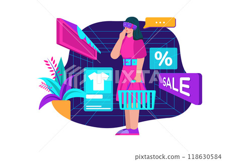 Woman wearing VR glasses having 3D experience in shopping in the metaverse. Woman wearing VR glasses having 3D experience in shopping in the metaverse. 118630584