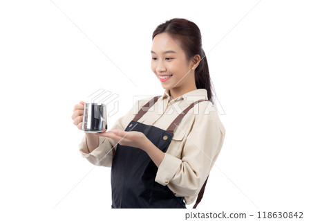 Cheerful young asian woman barista in casual work happy holding milk jug isolated. 118630842