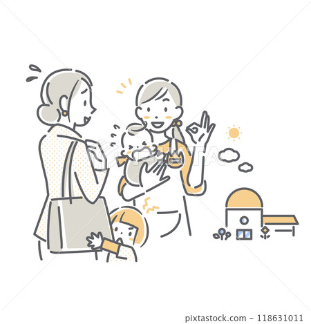 一幅簡單時尚的線條畫插圖，描繪了一位母親和一位幼兒園老師將孩子留在幼兒園的情況 118631011