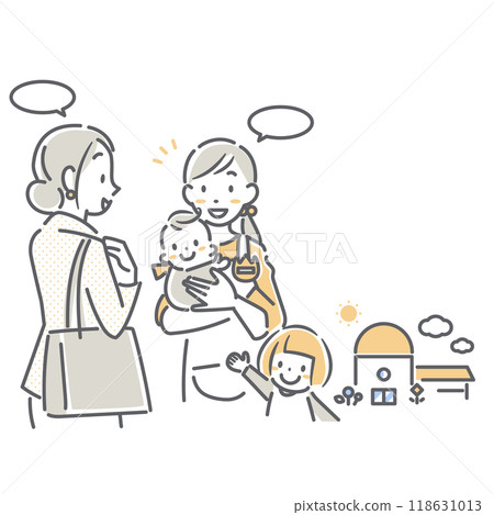 一幅簡單時尚的線條畫插圖，描繪了一位母親和一位幼兒園老師將孩子留在幼兒園的情況 118631013