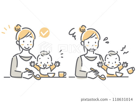 A young mother feeding her baby food - simple and stylish line drawing illustration 118631014