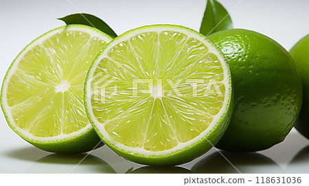 A single lime cut in the middle set against a white background. The bright green hue of the lime contrasts beautifully. Experience the fresh allure of a lime in this simple scene. 118631036