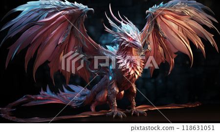 A majestic dragon soars through the sky its powerful wings slicing through clouds. The dragons long tail sways with grace, embodying the strength and beauty of a legendary dragon in flight. 118631051