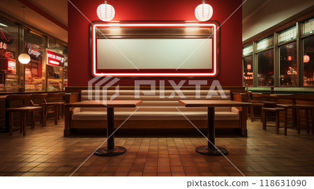 In a fast food restaurant, an empty board awaits new menu updates.The empty board creates perfect backdrop for innovative promotions Capture the clean slate of an empty board ready for fresh content. 118631090
