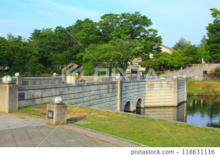 公園池塘中倒映的樹木和橋樑 公園池塘中倒映的樹木和橋樑 118631116