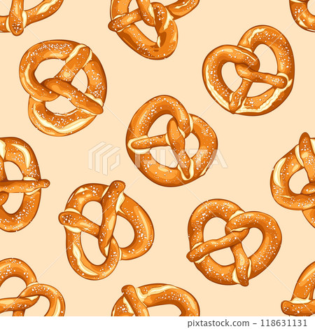 Seamless Pattern of Classic Salted Pretzels on Light beige Background. Hand drawn Vector illustration. Seamless Pattern of Classic Salted Pretzels on Light beige Background. Hand drawn Vector illustration. 118631131
