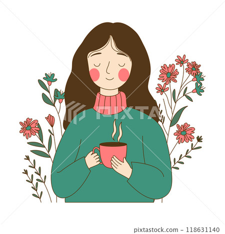 Cute Innocent Nerd Girl Character Holding a Cup of Coffee with Flower Floral Decoration 118631140