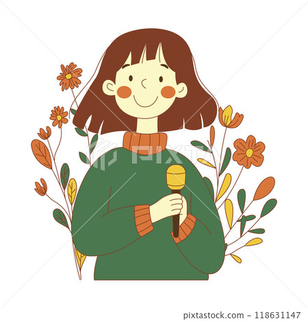 Innocent Nerd Girl Character Singing Using Microphone with Flower Floral Decoration 118631147