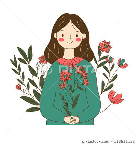 Beautiful Innocent Nerd Girl Character Smiling in the Park with Flower Floral 118631158