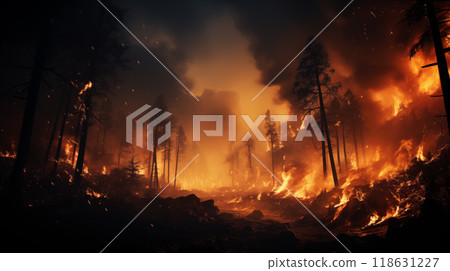 Intense forest fires rage through dense woodland with flames consuming trees and vegetation forest fires create a dramatic and destructive scene, highlighting the devastating impact of forest fires. Intense forest fires rage through dense woodland with flames consuming trees and vegetation forest fires create a dramatic and destructive scene, highlighting the devastating impact of forest fires. 118631227