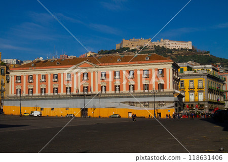 Naples, Campania, Republic of Italy, Southern Europe, World Heritage Site, Historic Center of Naples, Piazza del Plebiscito and Sant'Elmo Castle on the hill 118631406