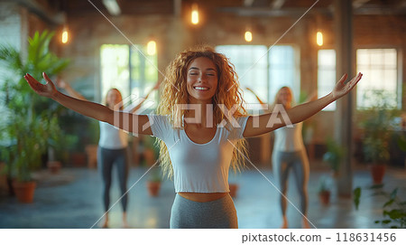 Modern office scene with team stretching together, high resolution 118631456