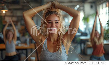 Team members stretching together in a modern office, high resolution 118631469
