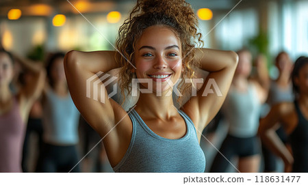 Office break with employees stretching together, high resolution 118631477