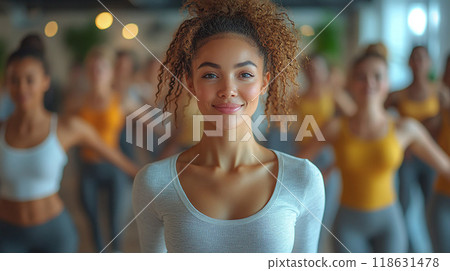 Stretching routine for a group of workers in a modern office, high resolution 118631478