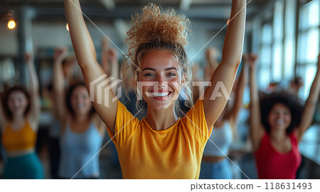 Group of colleagues standing and stretching in a sleek office, high resolution 118631493