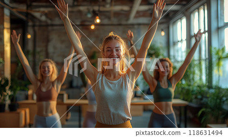 Office break with team members stretching together, high resolution 118631494