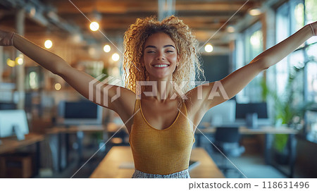 Stretching session for office workers in a modern workspace, high resolution 118631496
