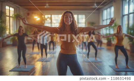 Group of employees doing stretch exercises in a stylish office, high resolution 118631498