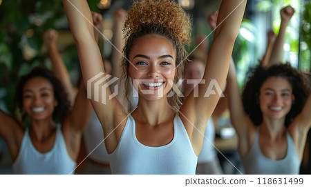 Stretch break for a group of office workers, high resolution 118631499