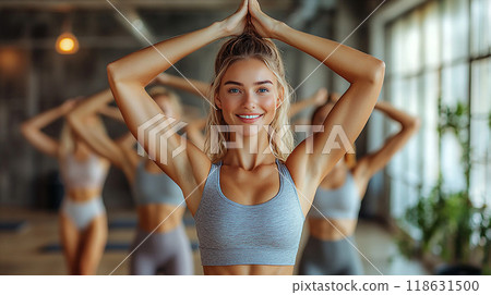 Team members stretching together in a sleek office environment, high resolution 118631500