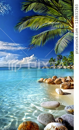 天堂般的藍色大海和棕櫚樹的樹蔭 118631563