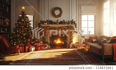 Warm Christmas room with a fire burning in the fireplace 118631661