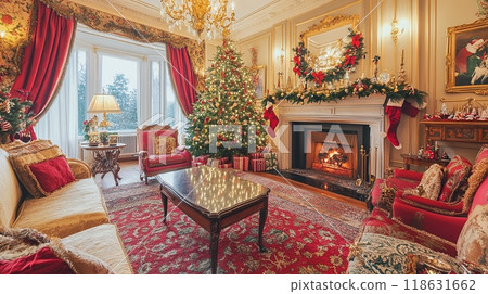 Warm Christmas room with a fire burning in the fireplace 118631662