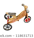 Vintage wooden toddler tricycle watercolor illustration red wheel 118631713
