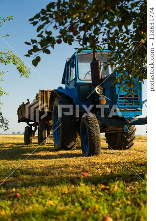 A blue, old tractor with a trailer stands near a field in the village. Morning A blue, old tractor with a trailer stands near a field in the village. Morning 118631774