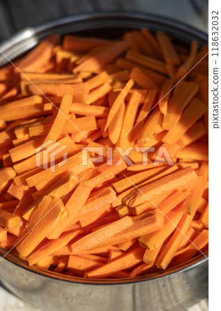 Sliced carrots for pilaf. Ingredients for pilaf. Vegetables 118632032