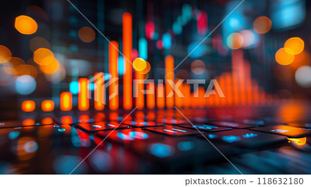 Business team discussing operations benchmarking data with a blurred stock graph background in high resolution 118632180